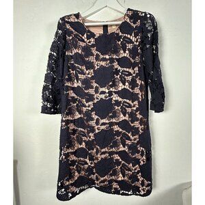 Erin Womens Navy Lace Overlay 3/4 Sleeve Sheath Dress Size 12 Peach Lined Career